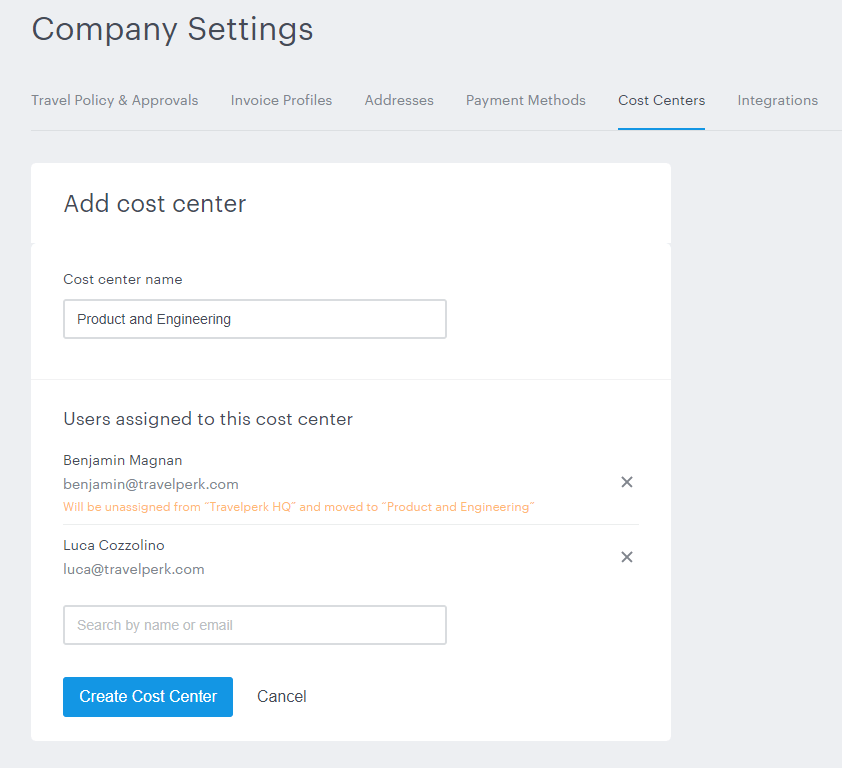 TravelPerk: assign bookings to specific cost centers