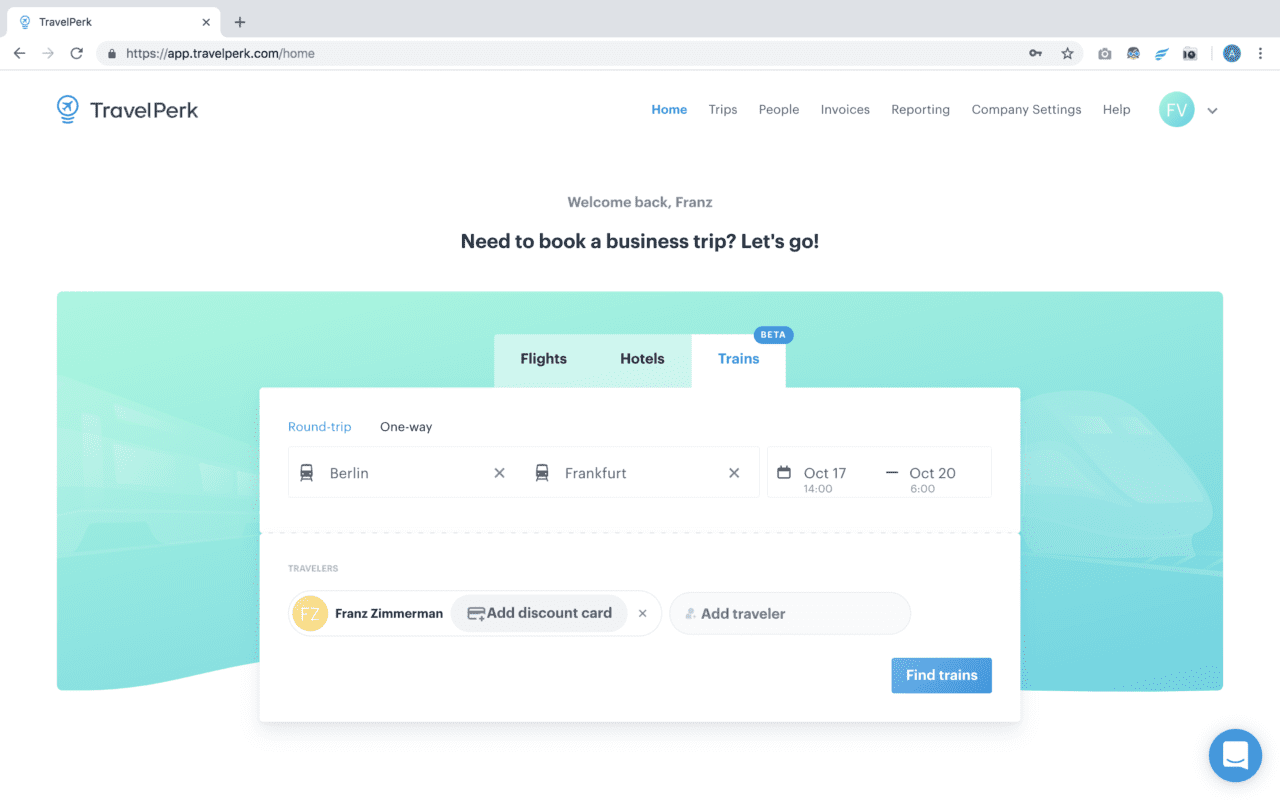 Book trains directly on TravelPerk for a business trip
