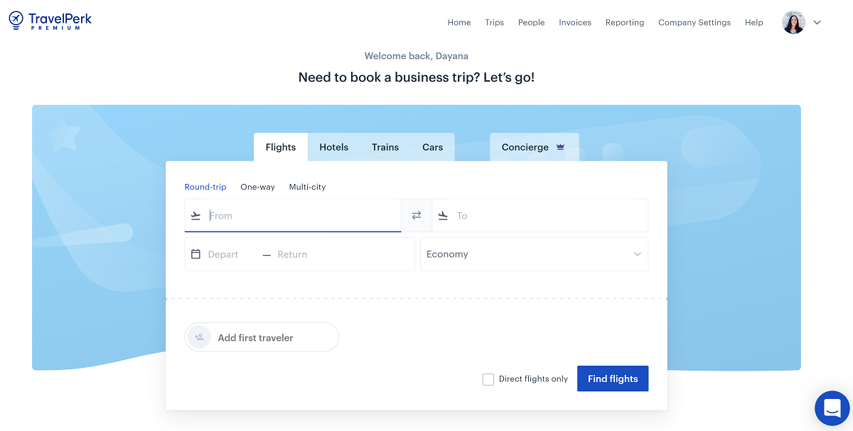 travel management software dashboard