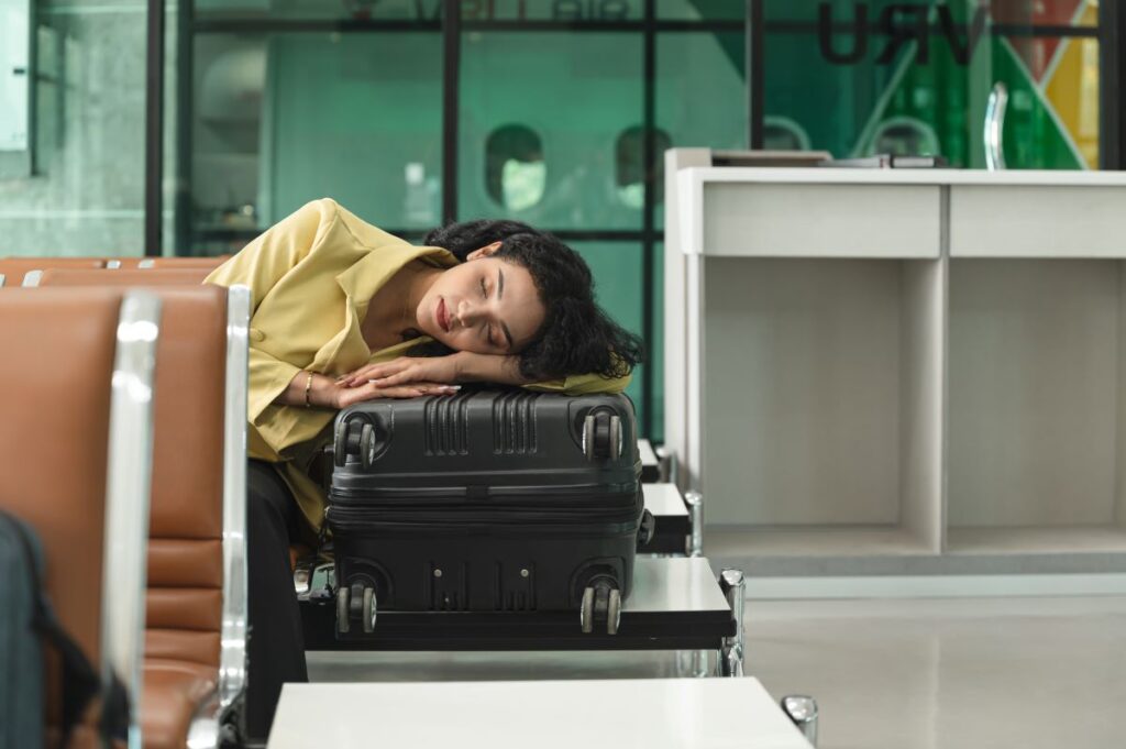 Frau schläft am Flughafen auf ihrem Koffer. 