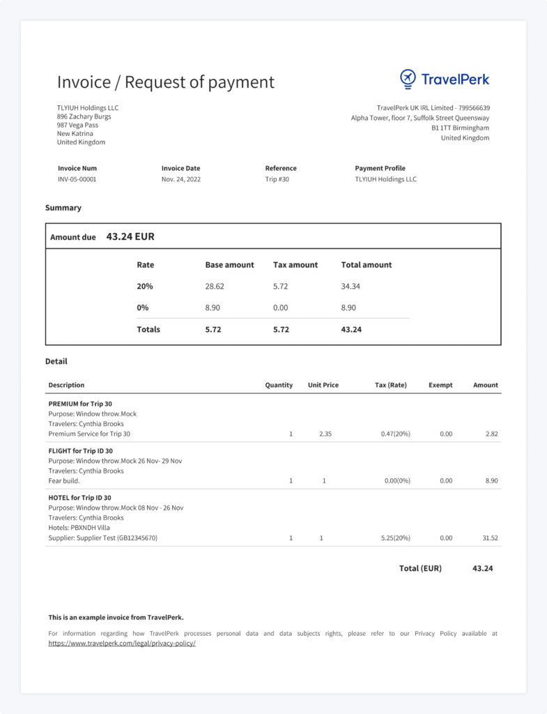 TravelPerk UK invoice