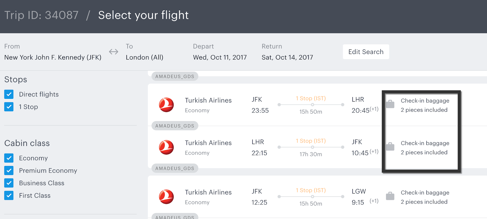 TravelPerk: check if baggage is include or not