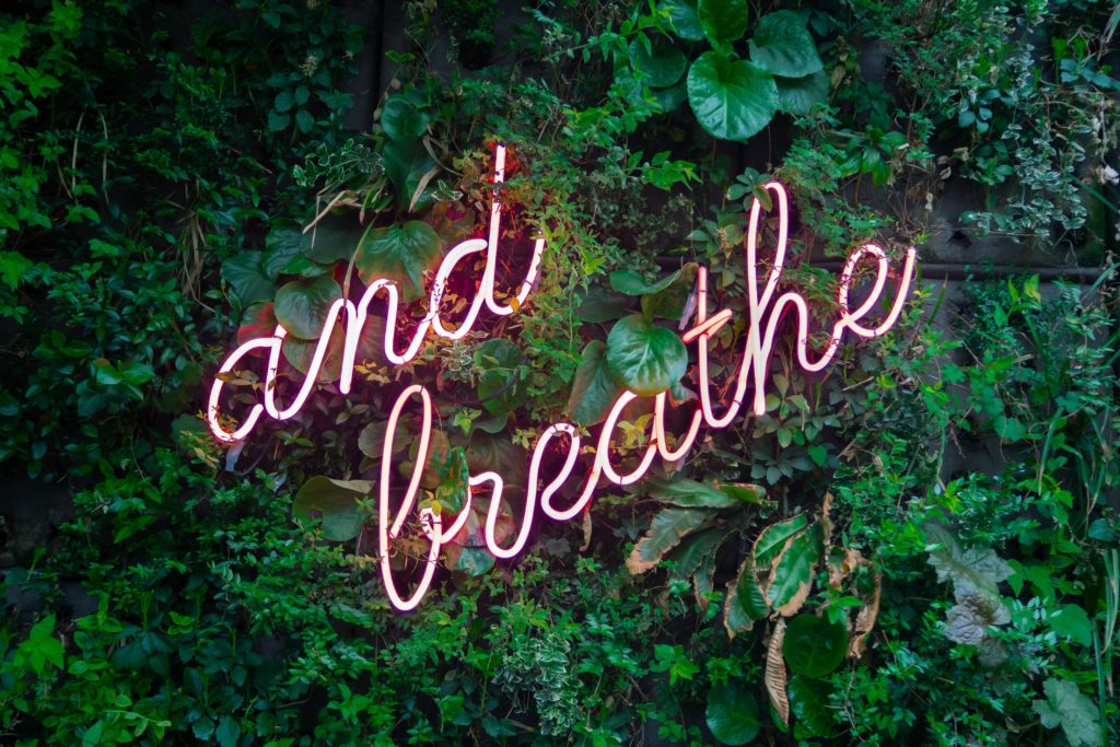 Neon breathe sign on plants