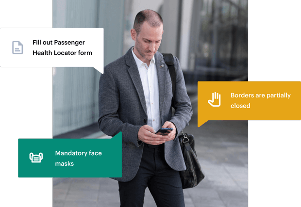 Business traveler reading travel safety updates