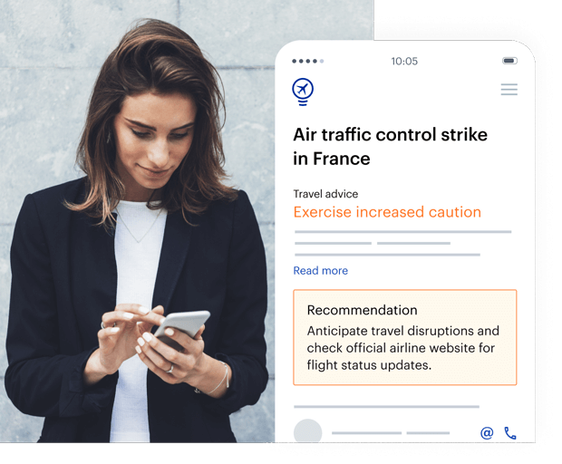 Woman checking safety advice in travel app